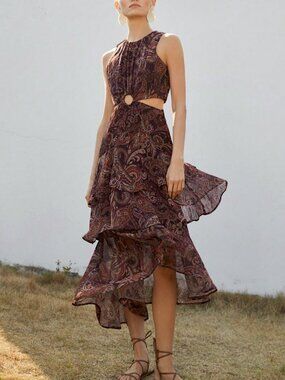 SHEIN Belrosie Layered Cut Out Floral Dress in Brown Paisley